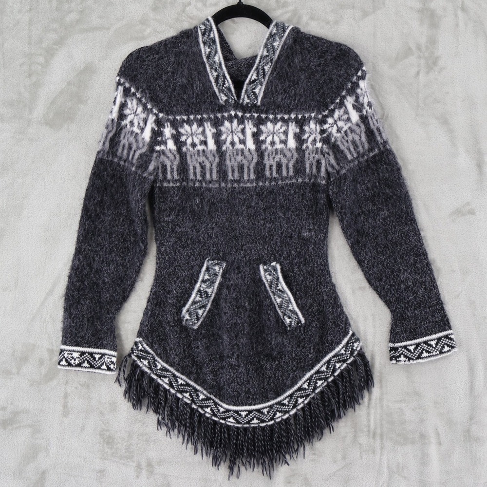 Alpaca Snowflake Hooded Sweater Womens XS Charcoal Gray Fringe Hem Apres Ski - Picture 1 of 16